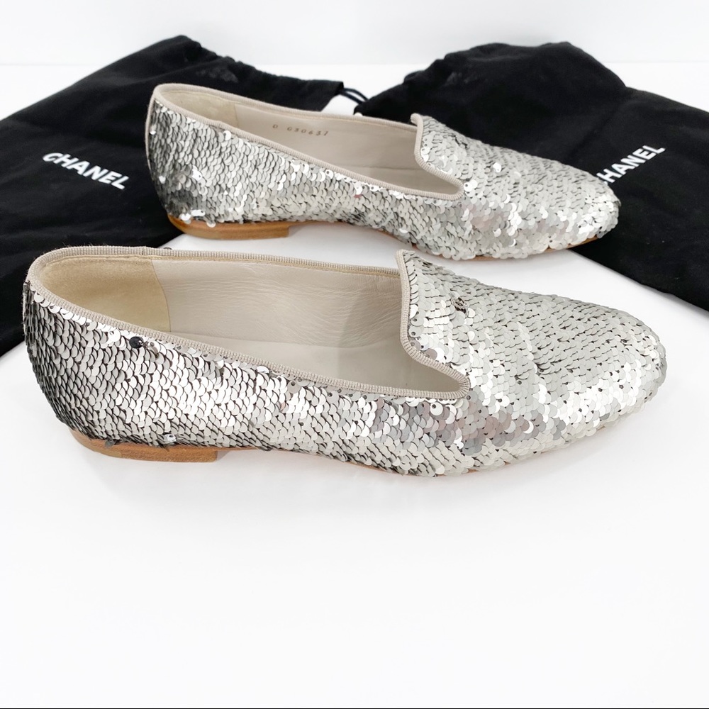 CHANEL | Silver Sequin Loafers Slippers Flats - Picture 3 of 12